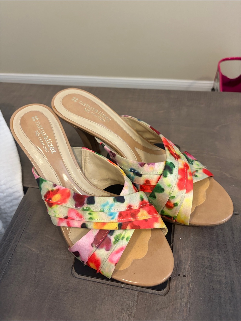 Naturalized Floral Peep-Toe Heels in Pink & Green
